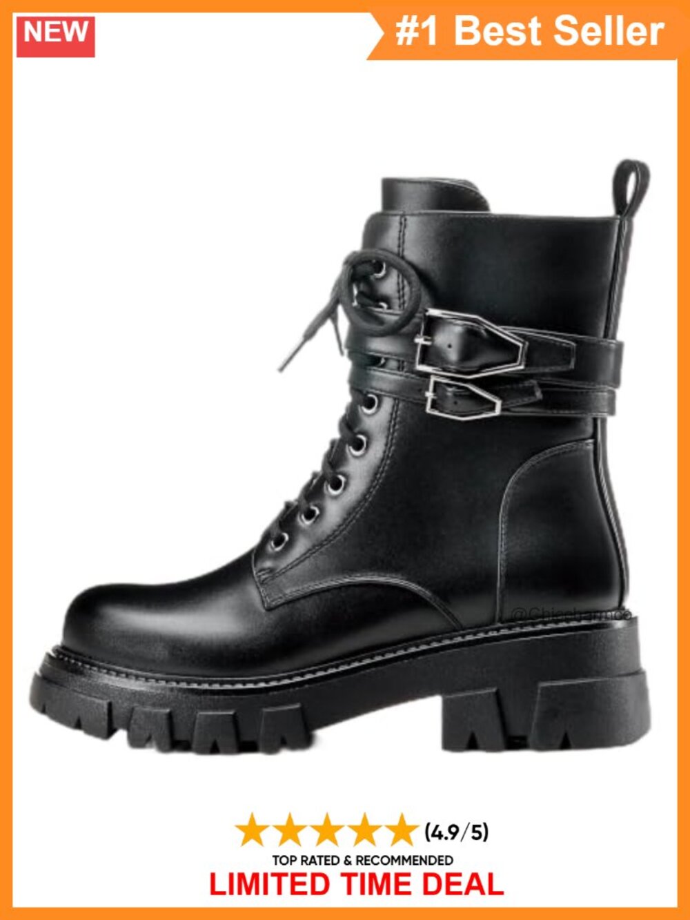 Combat Boots with Buckle Lug Sole and Side Zipper Lace-Up Ankle Design